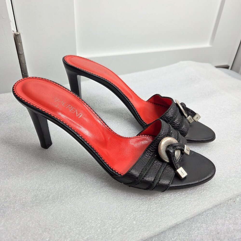 Women's YSL Rive Gauche Black Leather Buckle Mule Heels - Size 38 - VINTAGE - Picture 2 of 13